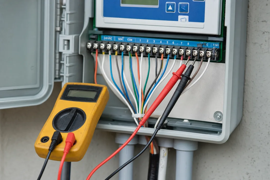 An open irrigation controller enclosure with 24-volt wires landed on the terminal strip and a multimeter's probes resting against two terminals