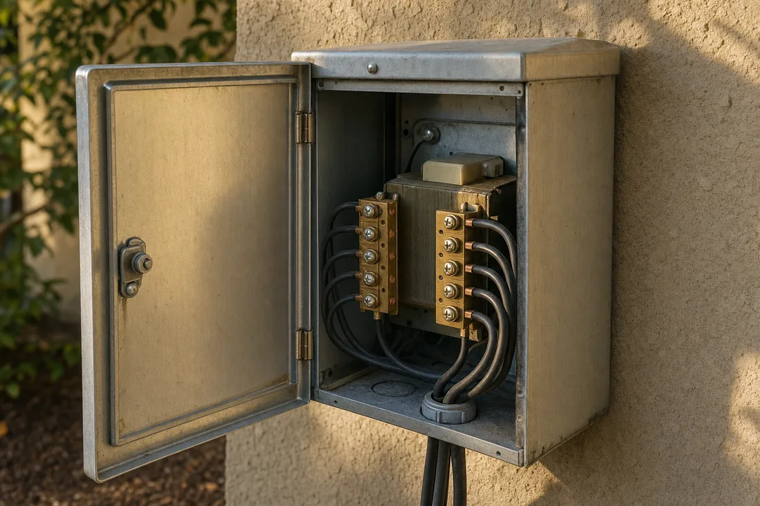 A landscape lighting transformer with its cabinet open, showing brass multi-tap terminal blocks and heavy gauge wire leads