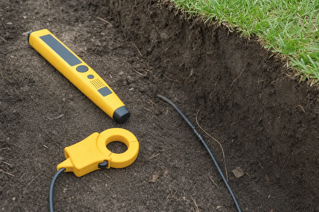 A wire tracer wand and inductive clamp beside an exposed buried low-voltage valve wire in a shallow trench